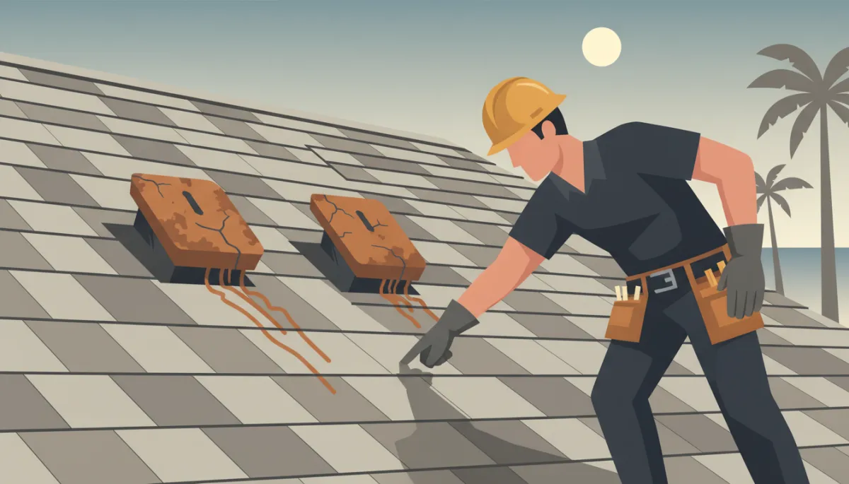 Roofer inspecting corroded solar mounting hardware on a Clearwater coastal roof