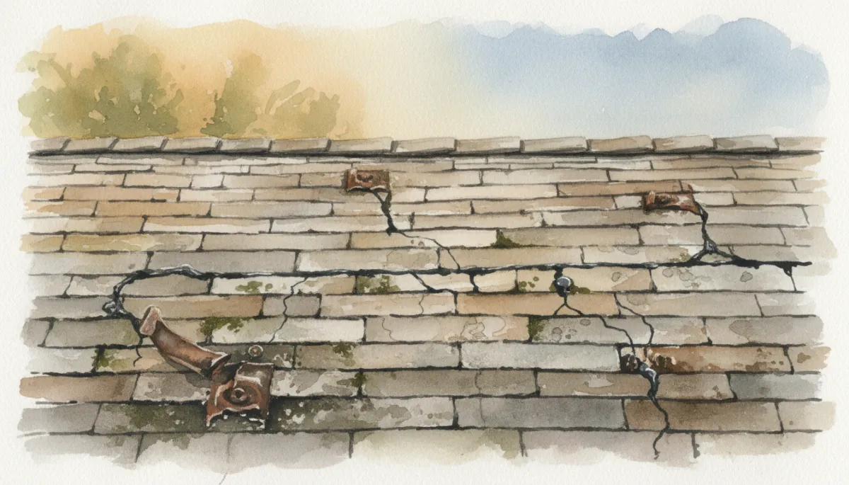 Close-up of worn shingles and solar mounting points after panel removal