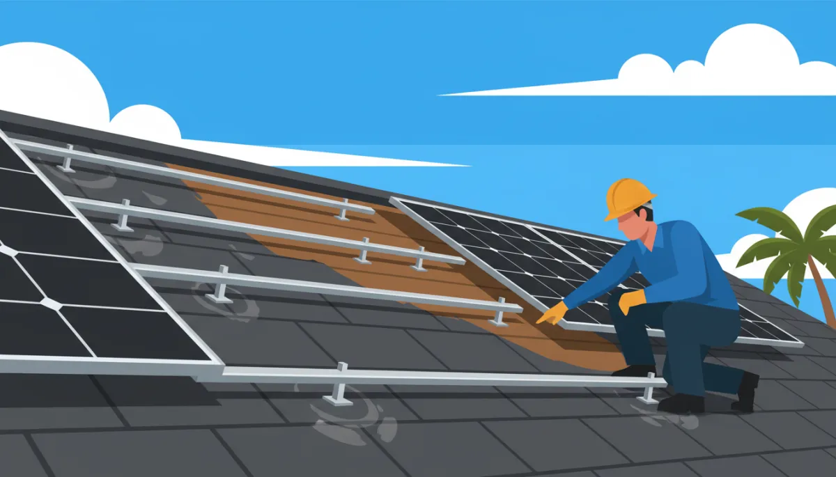Partially removed rooftop solar array showing aging shingles and mounting points