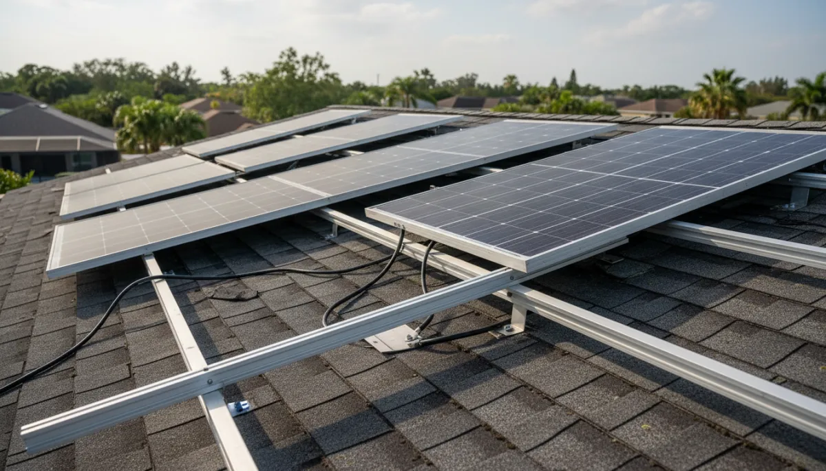 Partially removed rooftop solar array exposing worn shingles and mounting points on a Riverview home Partially removed rooftop solar array exposing worn shingles and mounting points on a Riverview home