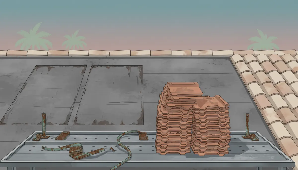 Aged underlayment and corroded solar mounting hardware exposed on a Palm Harbor tile roof