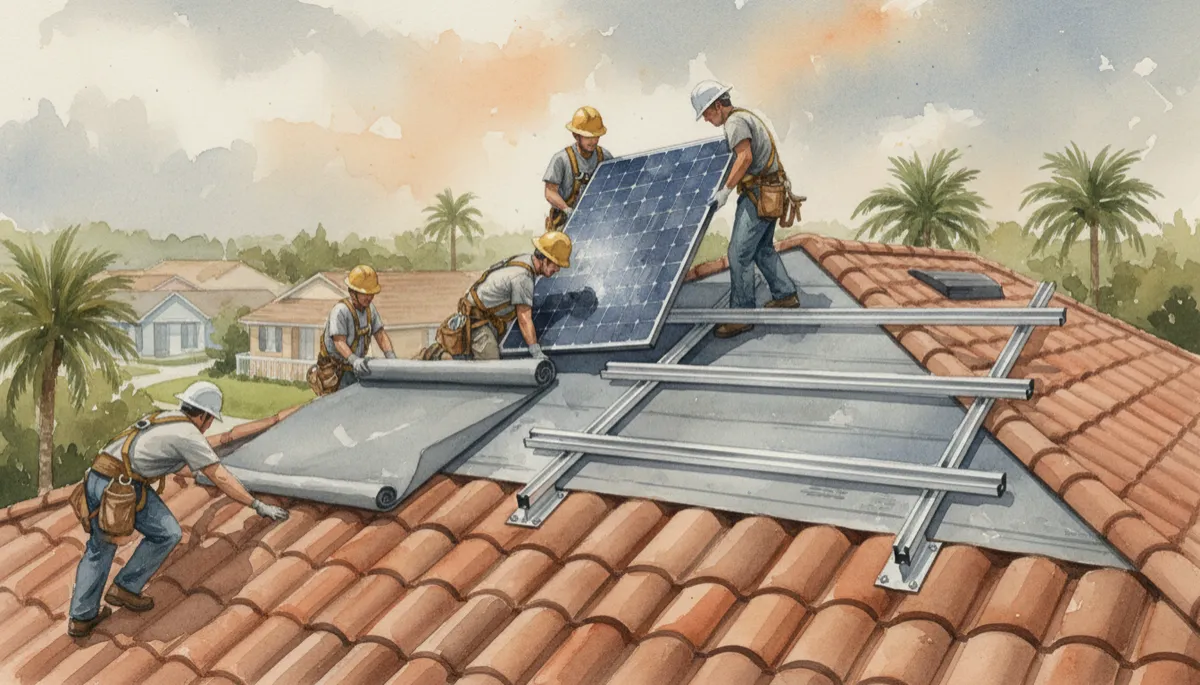 Integrated roofing and solar crew reinstalling panels on a Safety Harbor roof