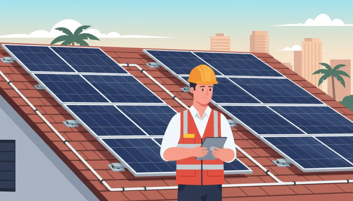 Technician inspecting upgraded solar panels on a newly replaced roof