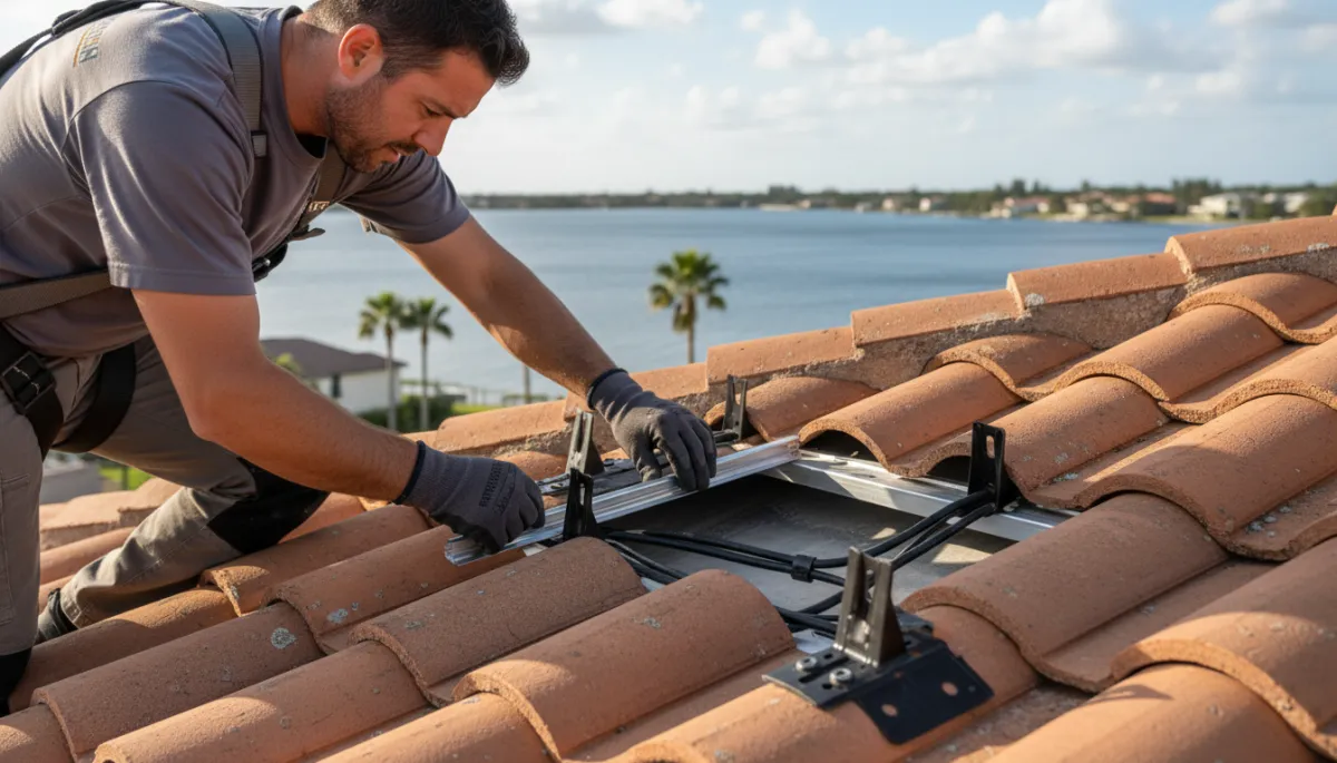 Technician inspecting tile roof solar mounts and flashing on a Tampa Bay home Technician inspecting tile roof solar mounts and flashing on a Tampa Bay home