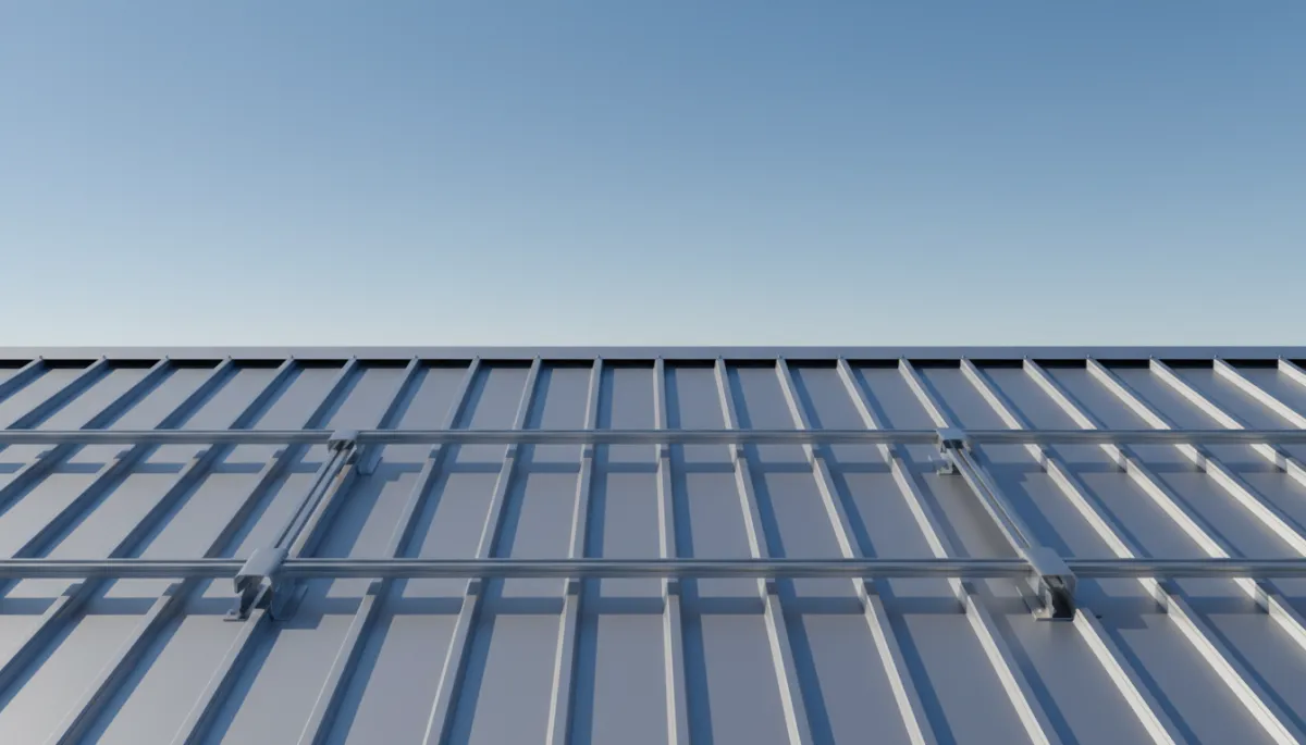 Standing seam metal roof with solar mounting hardware attached to seams Standing seam metal roof with solar mounting hardware attached to seams