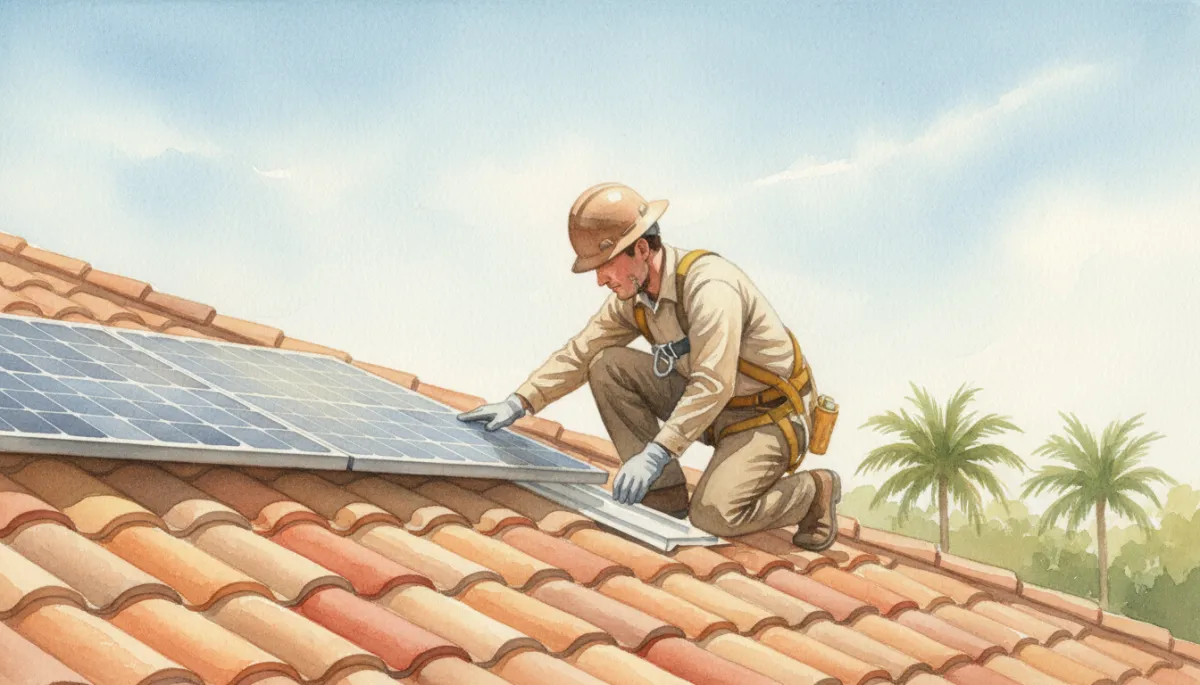 Technician inspecting rooftop solar panels and roof flashing for maintenance