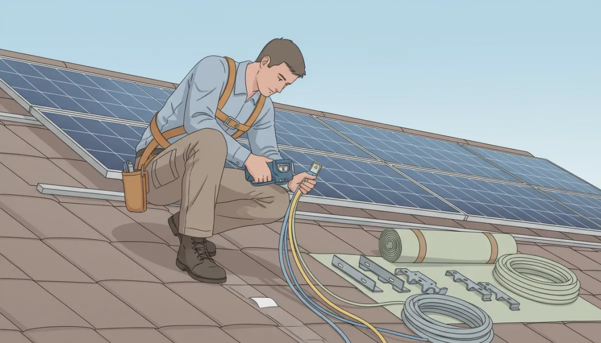 Solar technician preparing panels and wiring for detach and reinstall beside roofing materials Solar technician preparing panels and wiring for detach and reinstall beside roofing materials