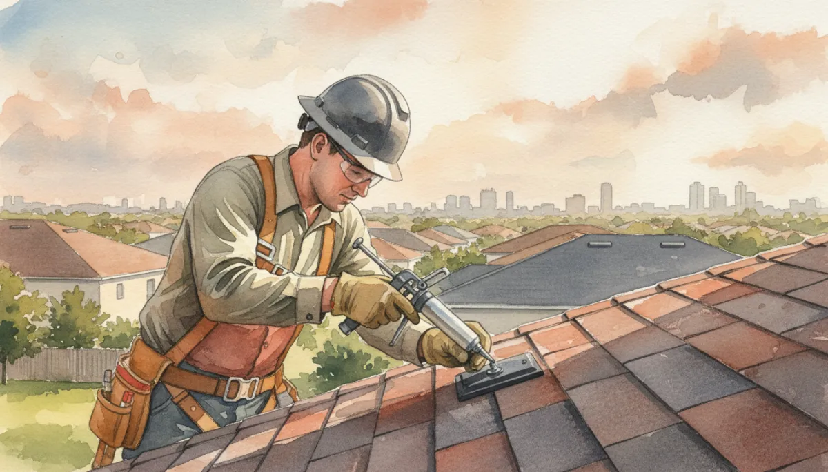 Technician re-flashing solar roof attachments on a new shingle roof Technician re-flashing solar roof attachments on a new shingle roof