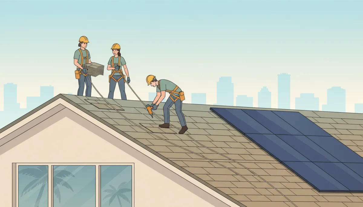 Roofing crew installing GAF shingles around existing solar panels on a Tampa home Roofing crew installing GAF shingles around existing solar panels on a Tampa home