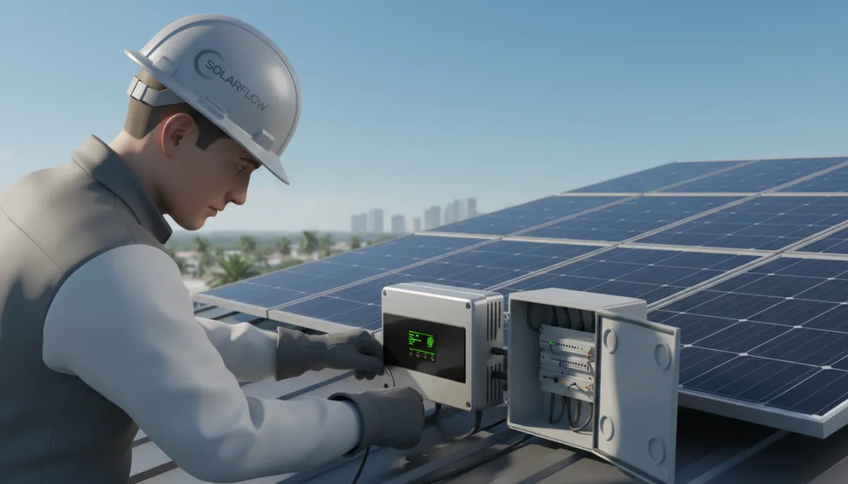 Technician inspecting inverter and wiring on a completed residential solar system Technician inspecting inverter and wiring on a completed residential solar system