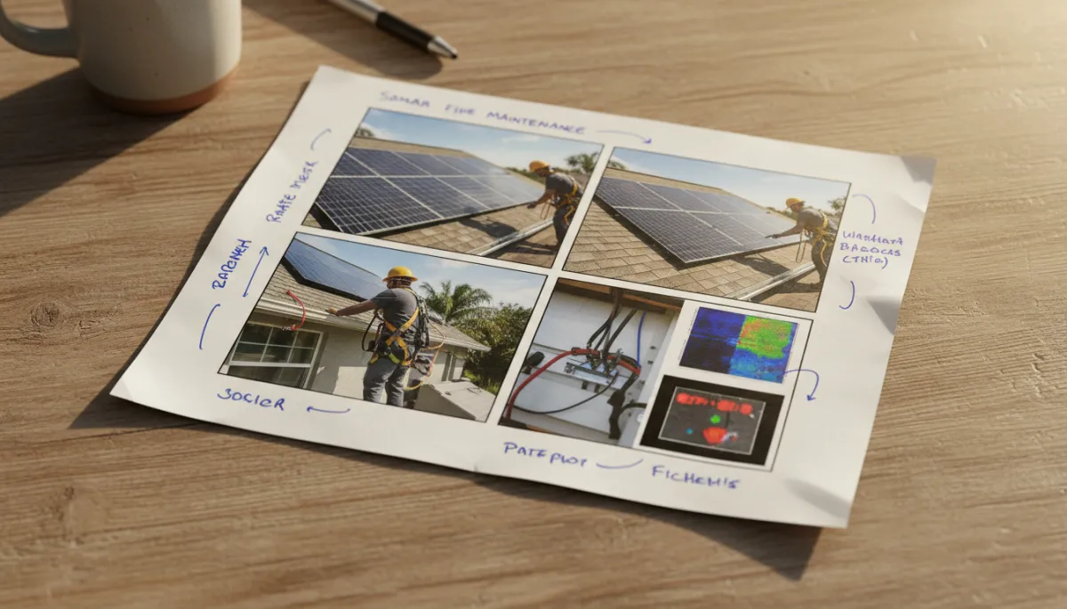 Close-up of a solar maintenance photo report showing roof and panel images with notes Close-up of a solar maintenance photo report showing roof and panel images with notes