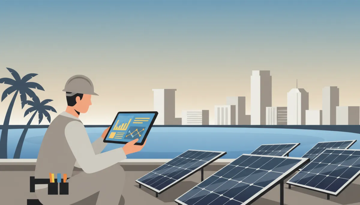 Technician reviewing solar monitoring data beside rooftop panels