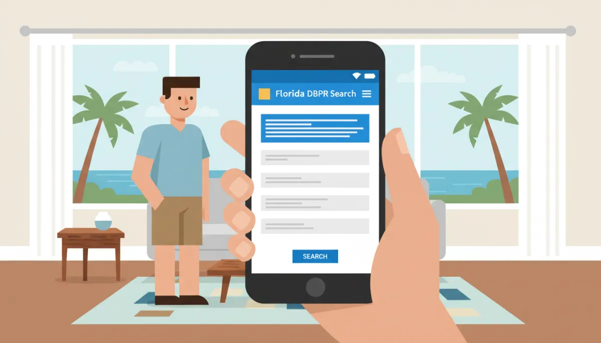 professional photorealistic close-up of a smartphone screen showing a Florida DBPR license search page while a homeowner stands inside a Tampa Bay living room, neutral tones and soft daylight professional photorealistic close-up of a smartphone screen showing a Florida DBPR license search page while a homeowner stands inside a Tampa Bay living room, neutral tones and soft daylight