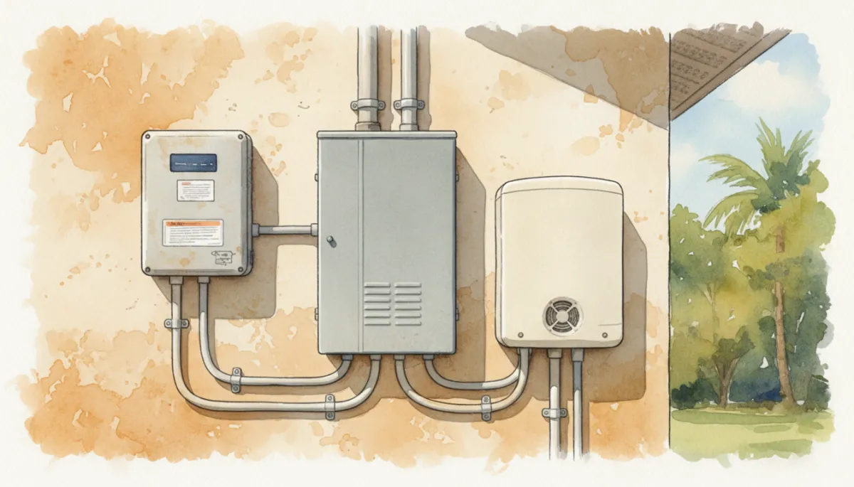 Existing solar inverter, main panel, and new battery enclosure neatly installed together