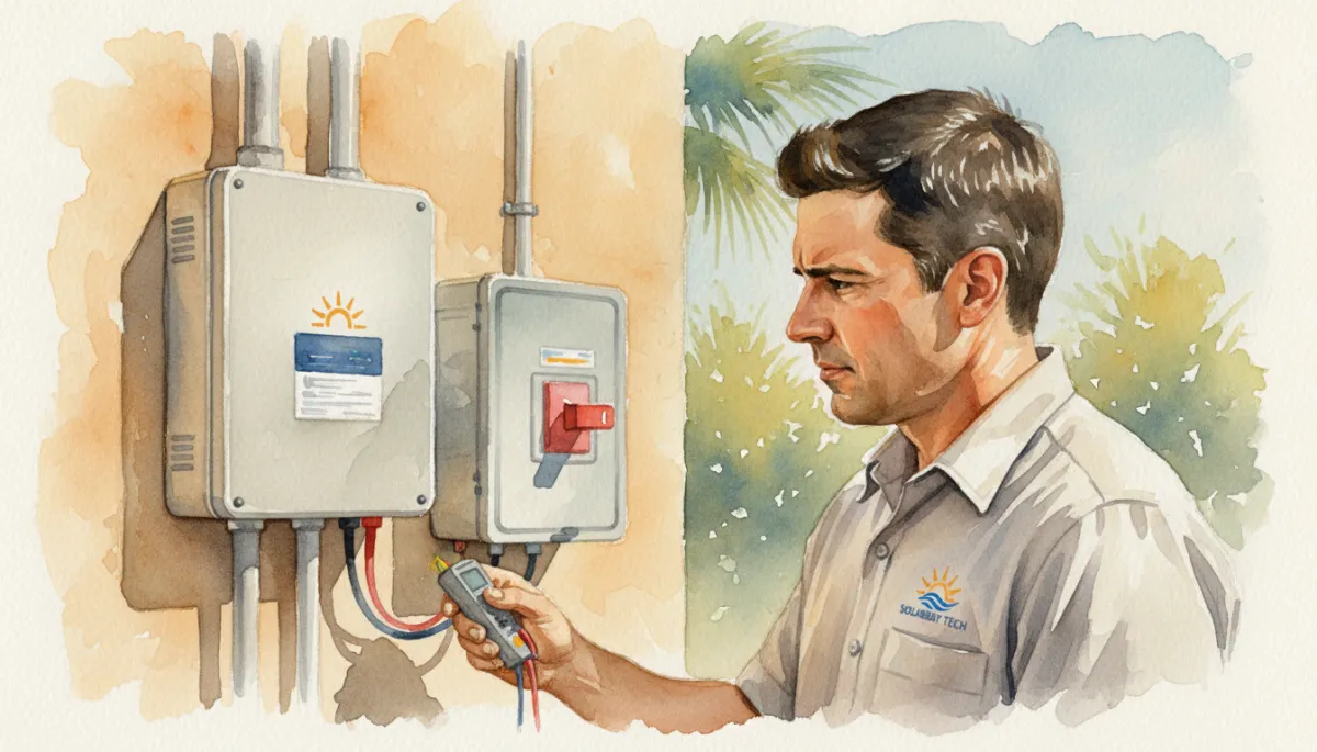 Licensed technician inspecting a wall-mounted solar inverter and disconnect Licensed technician inspecting a wall-mounted solar inverter and disconnect