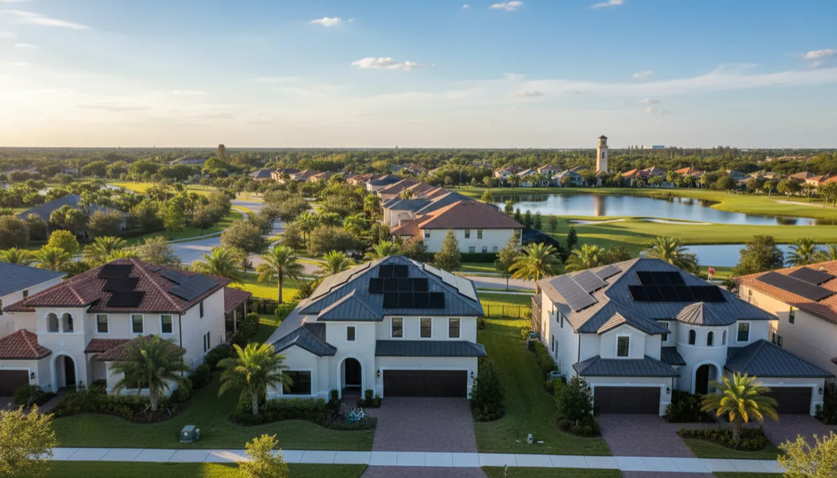 Aerial view of Westchase Tampa homes with solar panels at sunset