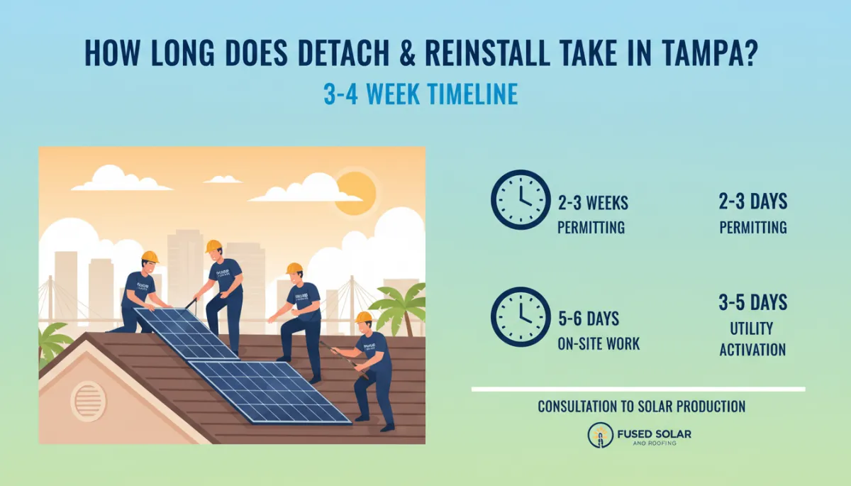 Solar Detach & Reinstall Timeline in Tampa Bay" Should be: "How Long Does Detach & Reinstall Take in Tampa? | 3-4 Week Timeline
