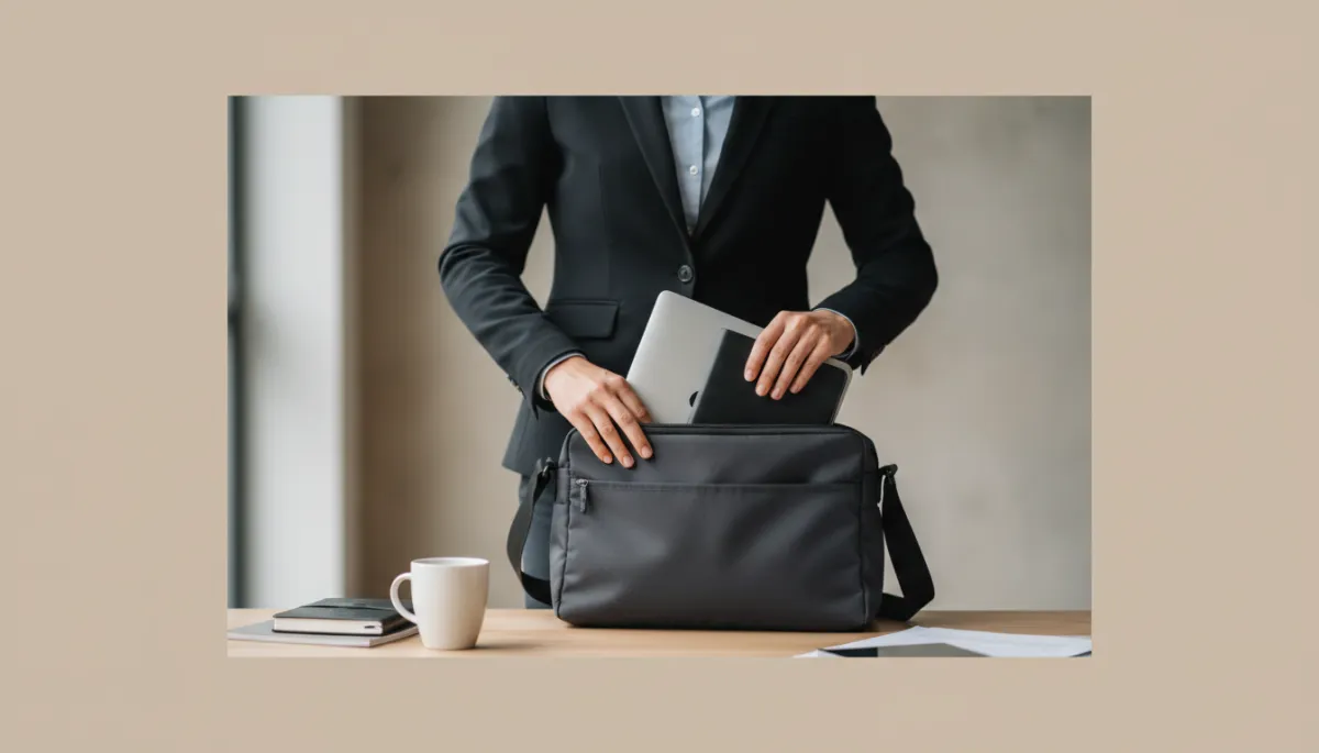Person packing their work bag at an office desk, ready to leave a toxic job