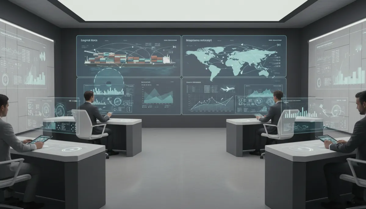 Team monitoring global importing and exporting operations on large digital screens Team monitoring global importing and exporting operations on large digital screens