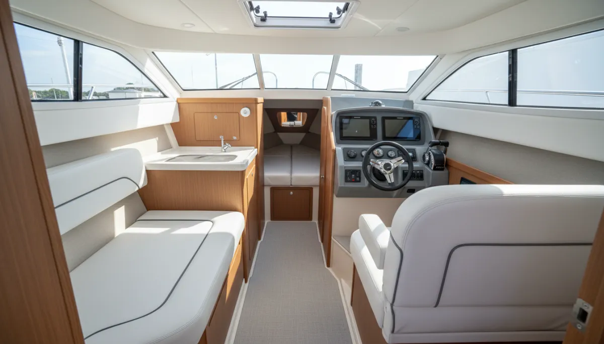 Clean boat interior cabin with white marine vinyl seats in natural light