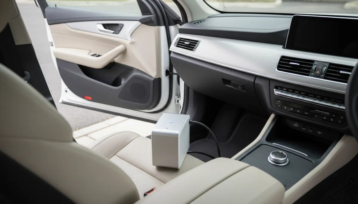 Professional ozone machine treating a car interior for smoke odor