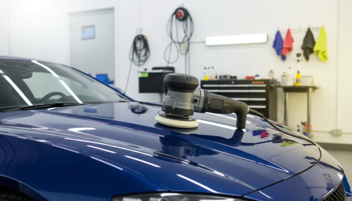 Dual-action polisher positioned on a dark car hood in a detailing shop