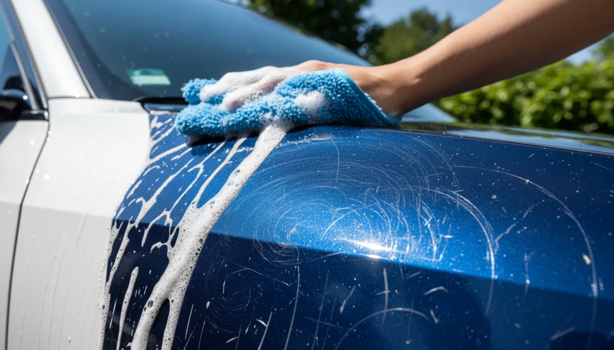 PHOTO INSTRUCTIONS:
Photo 1 — Place after the introduction, before the first H2:
Generate a photo-realistic image of a person's hands washing a white car door panel with a soft microfiber wash mitt and soapy water. No face visible, just hands and the car panel. No text, no logos, no brand names, no license plates. Natural outdoor lighting, close-up shot.
Photo 2 — Place after the second-to-last H2, before the closing section:
Generate a photo-realistic close-up image of a car's dark paint surface showing fine swirl marks caused by automated car wash brushes under direct sunlight. No people, no text, no logos, no brand names, no license plates. Sharp macro focus on the paint surface.. Context: This is for a blog post about "Why Hand Washing Your Car Is Better Than an Automatic Car Wash". Style: Professional quality, photorealistic, high resolution