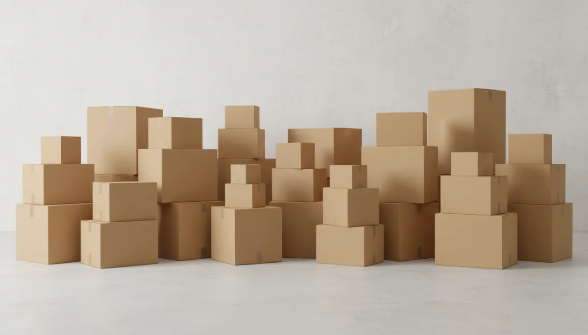 Neatly stacked brown cardboard moving boxes on a clean concrete floor Neatly stacked brown cardboard moving boxes on a clean concrete floor
