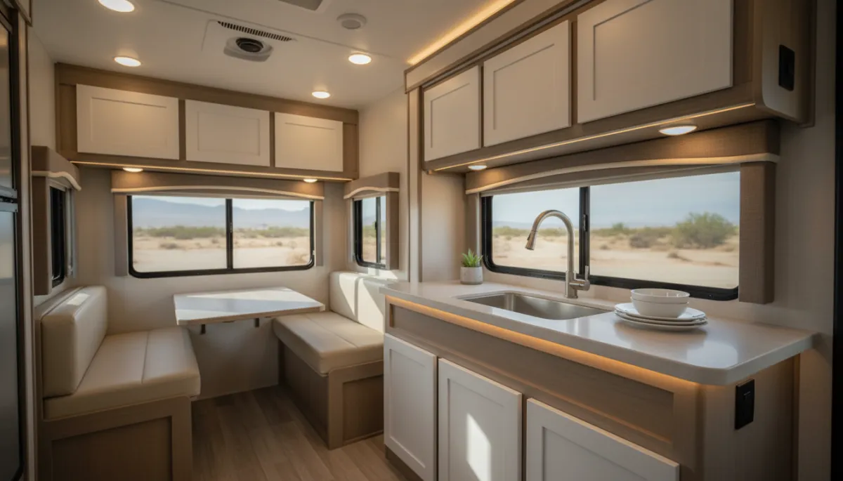 photo-realistic interior of a clean RV living area with a small dinette, overhead cabinets, and a countertop in a neutral color palette, everything tidy and organized, warm indoor lighting wide angle shot, no people or logos