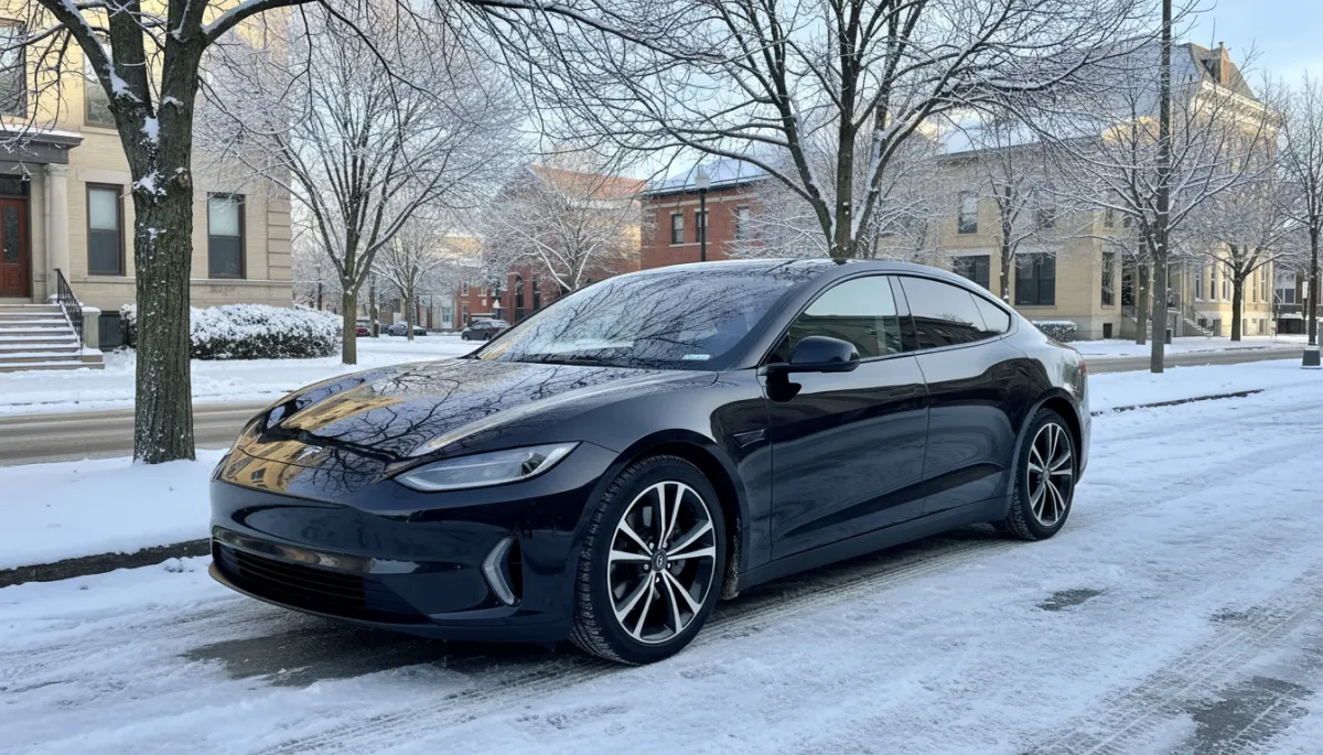Clean dark-colored car parked outside on a bright winter day with light snow on the ground