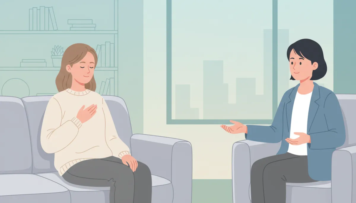 professional neutral-toned photograph of a person sitting on a sofa with hand on chest and eyes closed, a supportive coach sitting nearby with open posture, both in a calm office setting professional neutral-toned photograph of a person sitting on a sofa with hand on chest and eyes closed, a supportive coach sitting nearby with open posture, both in a calm office setting