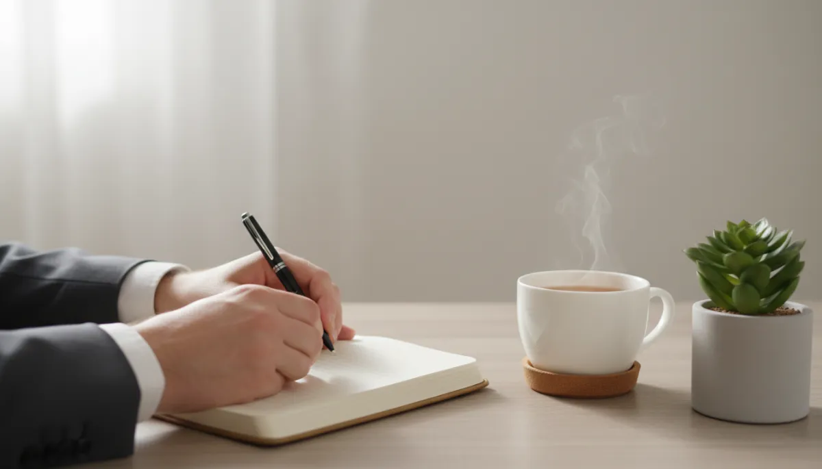 Person journaling at a neutral-toned desk, creating space for reflection and mental reset Person journaling at a neutral-toned desk, creating space for reflection and mental reset