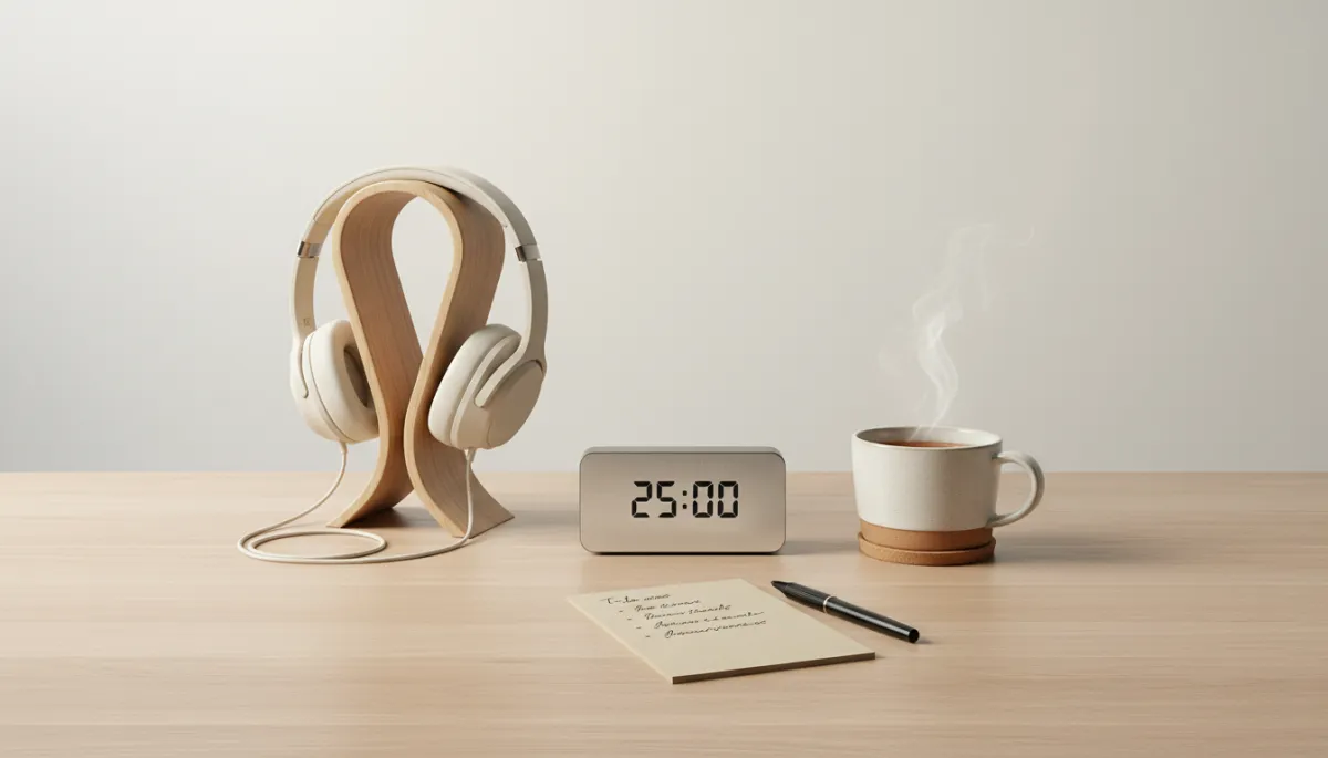 Desk setup with timer, headphones, and drink arranged to support focused work