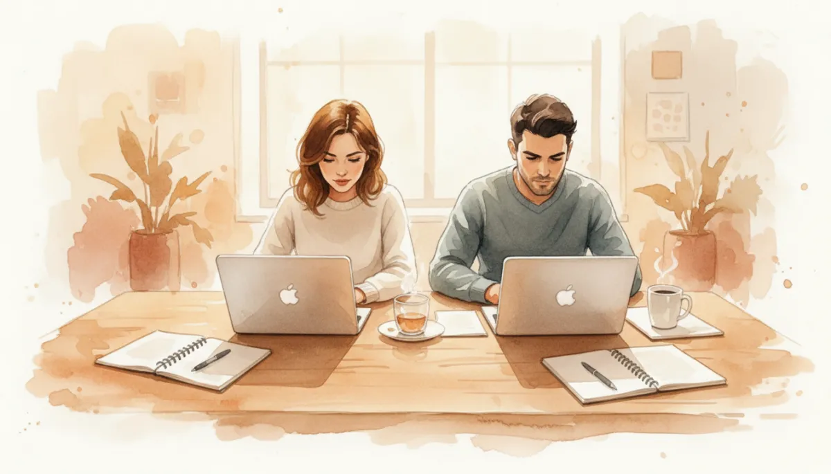 Two people body-doubling while working quietly together