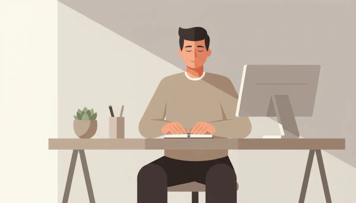 Person taking a mindful pause at a desk in a calm workspace