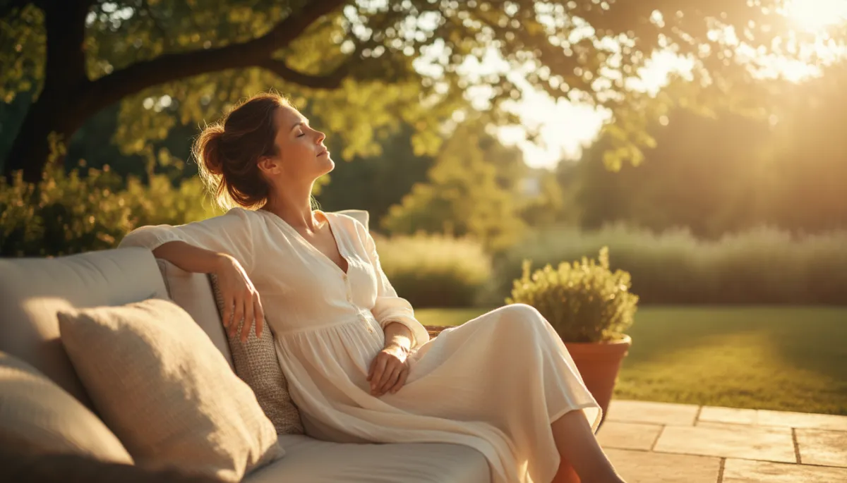 have a lady sitting in the sun. Context: This is for a blog post about "Is Stress Starting to Feel Like Your Normal?". Style: Professional quality, photorealistic, high resolution