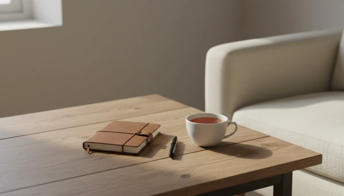 Journal and tea arranged in a calm, neutral setting for reflection Journal and tea arranged in a calm, neutral setting for reflection