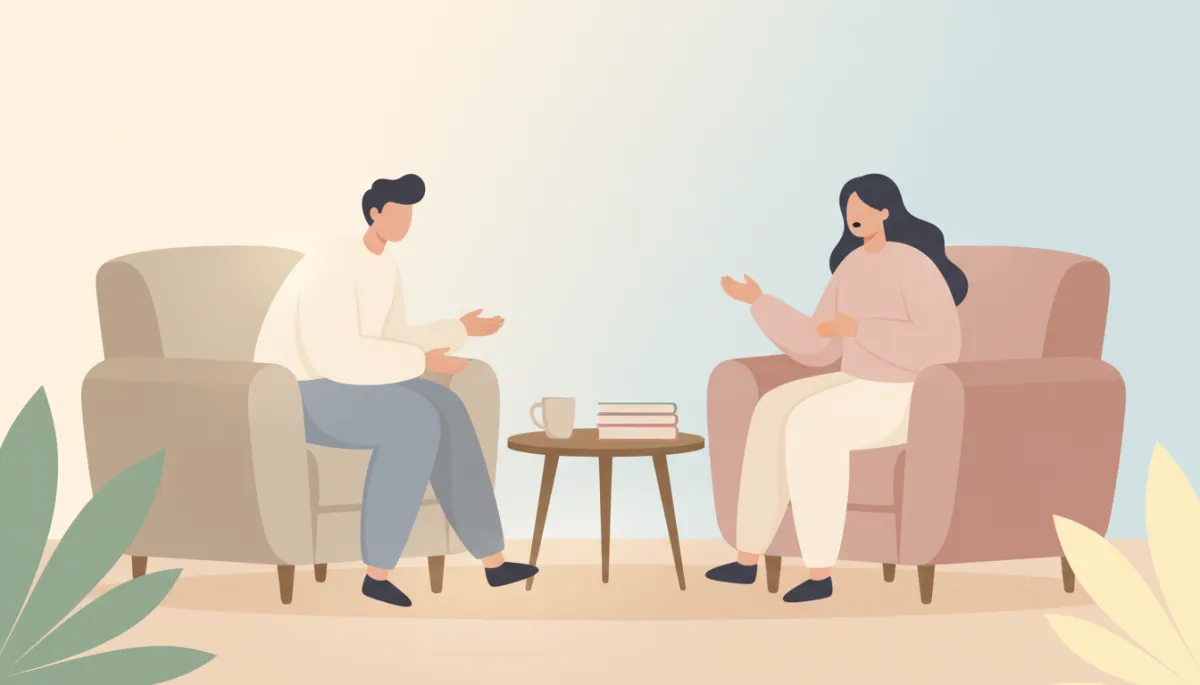 Supportive conversation between two people in a calm, therapeutic setting
