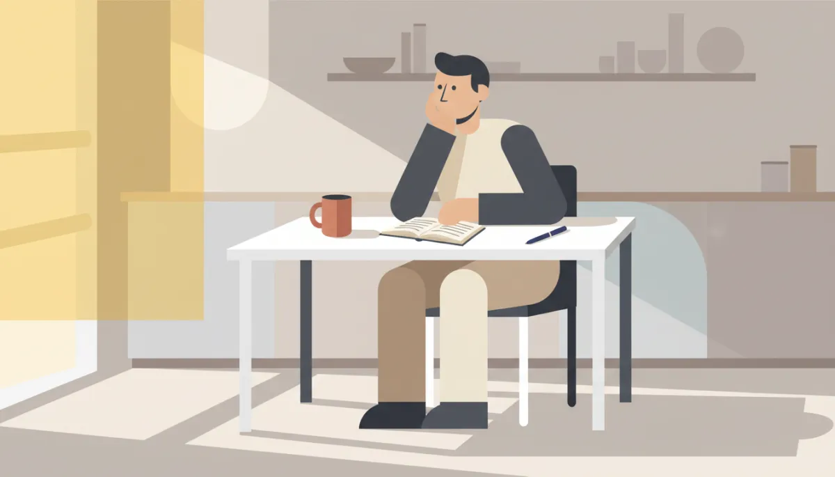 Person sitting quietly at a kitchen table journaling and reflecting