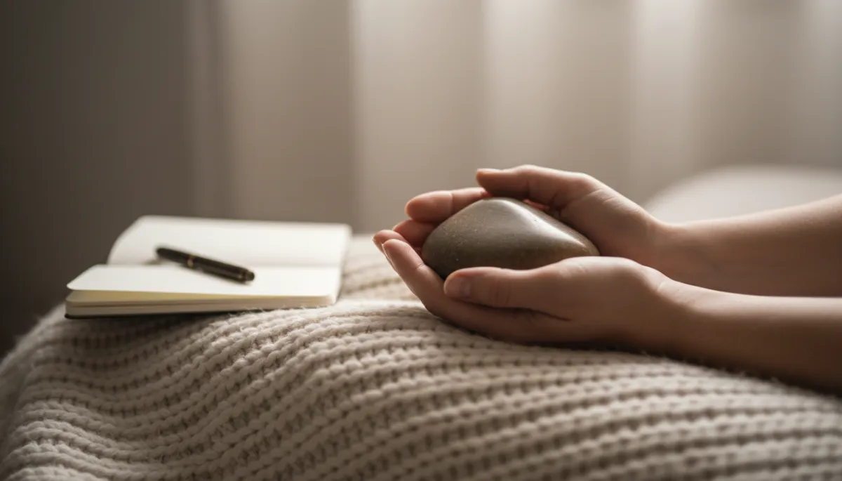 Hands holding a grounding stone during a calming exercise