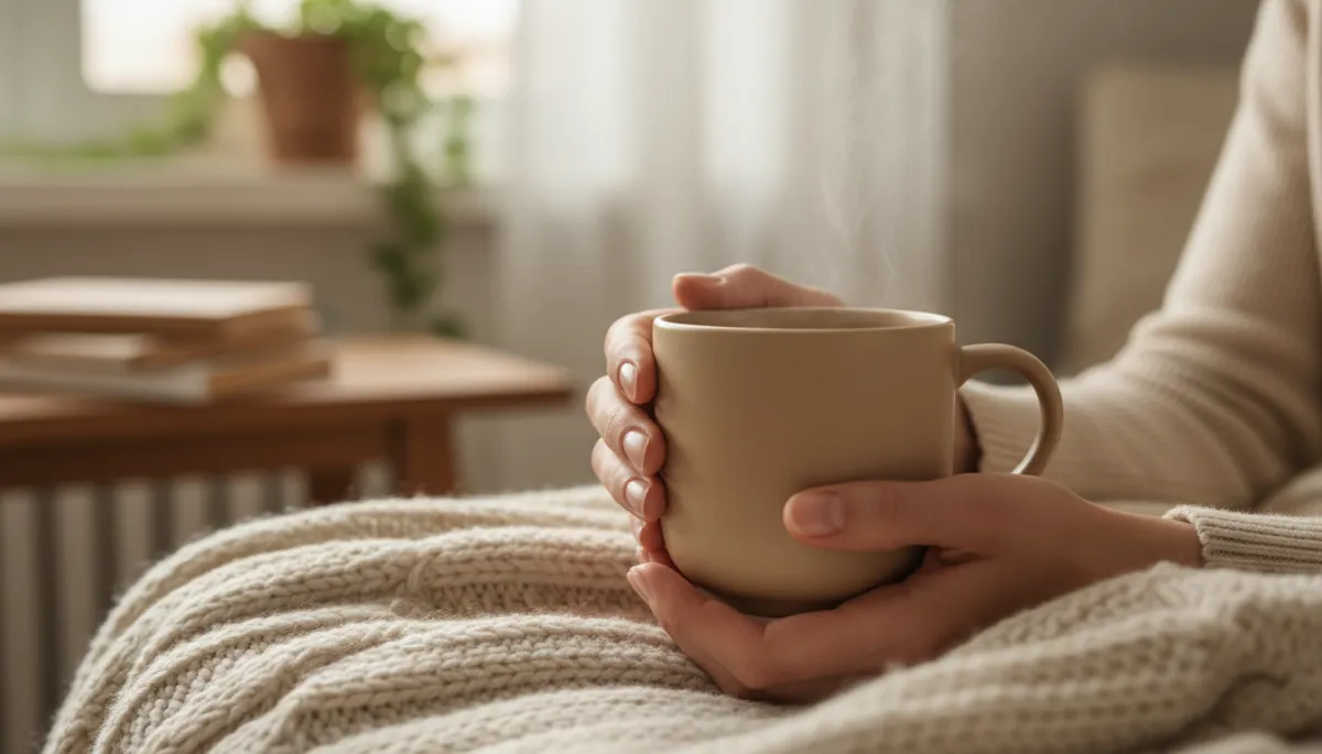 Close-up of hands holding a warm mug while resting on a soft blanket