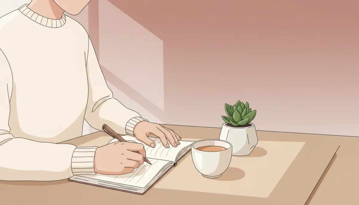 Person journaling at a table with tea in a calm setting Person journaling at a table with tea in a calm setting