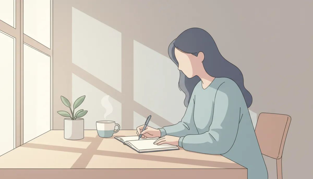 professional neutral-toned photograph of a person journaling at a wooden table near a window, soft natural light, a cup of tea nearby, pen in hand, posture thoughtful and calm