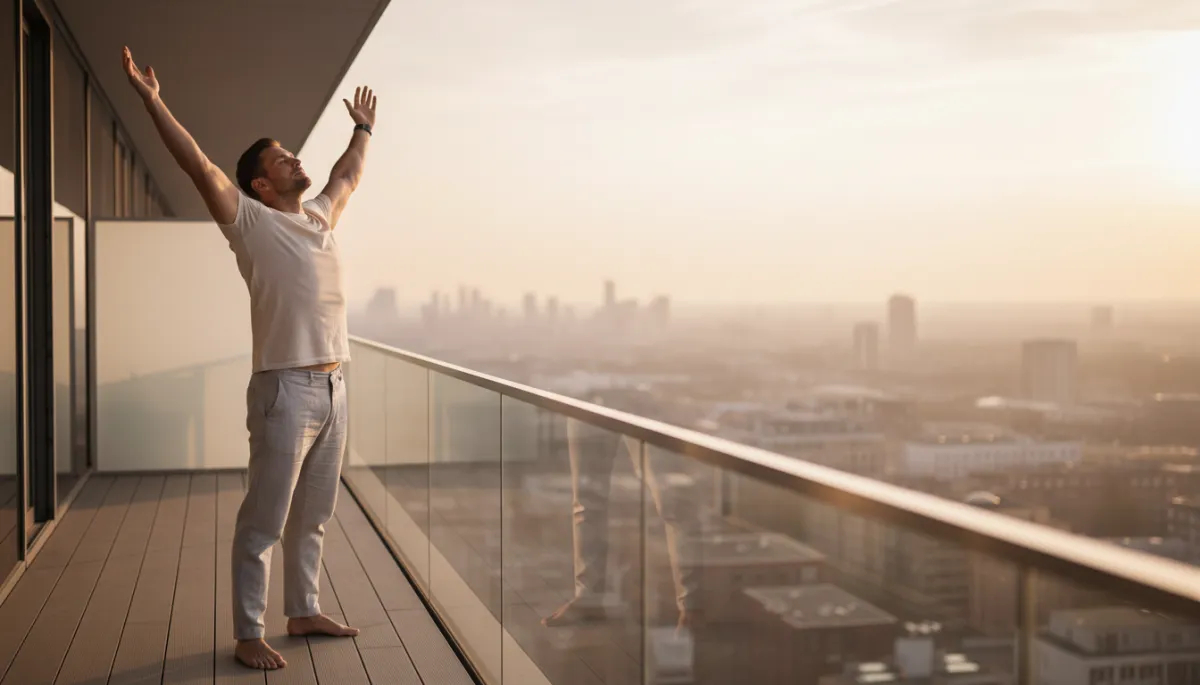 Man stretching and breathing deeply to connect mind and body in the morning