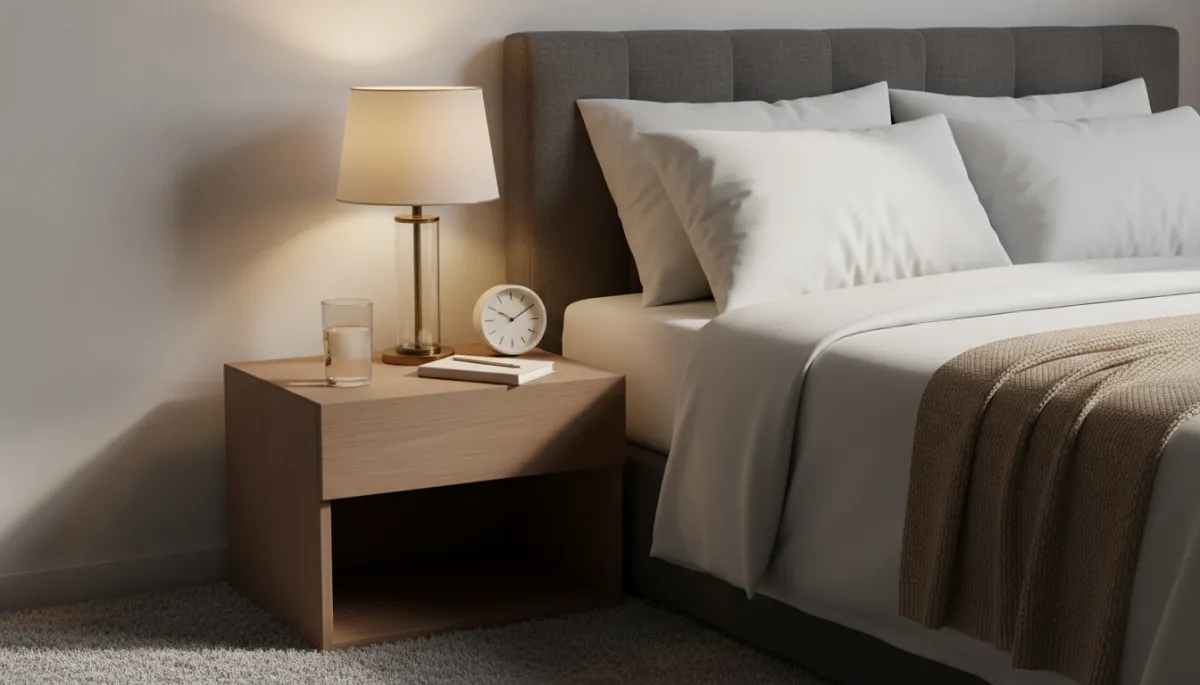 Professional neutral-toned bedroom scene emphasizing calm pre-sleep environment