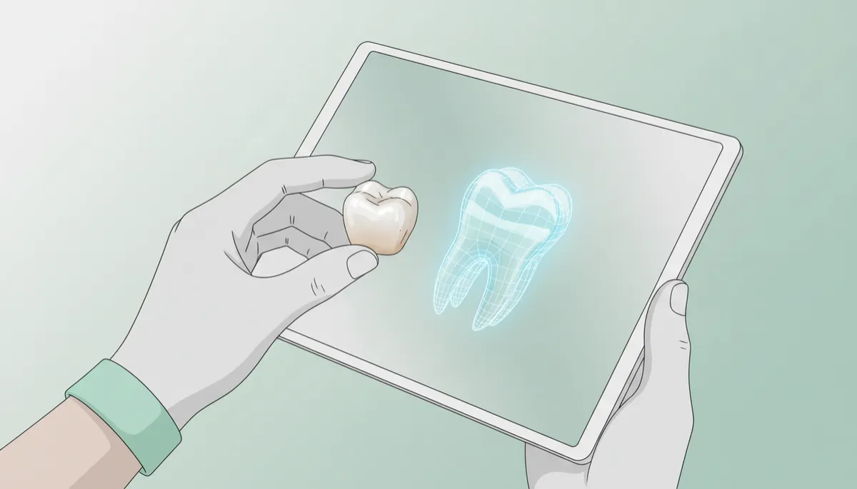 Dentist holding a ceramic onlay next to a digital tooth model