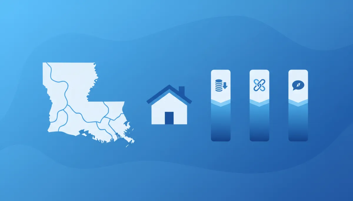 clean flat infographic in blue and white (#188bf6, #1855D5, #F7F9FF) showing a Louisiana map, a house icon, and three labeled pillars “Low Down Payment,” “Flexible Credit,” “Local Guidance,” with simple icons and clear typography