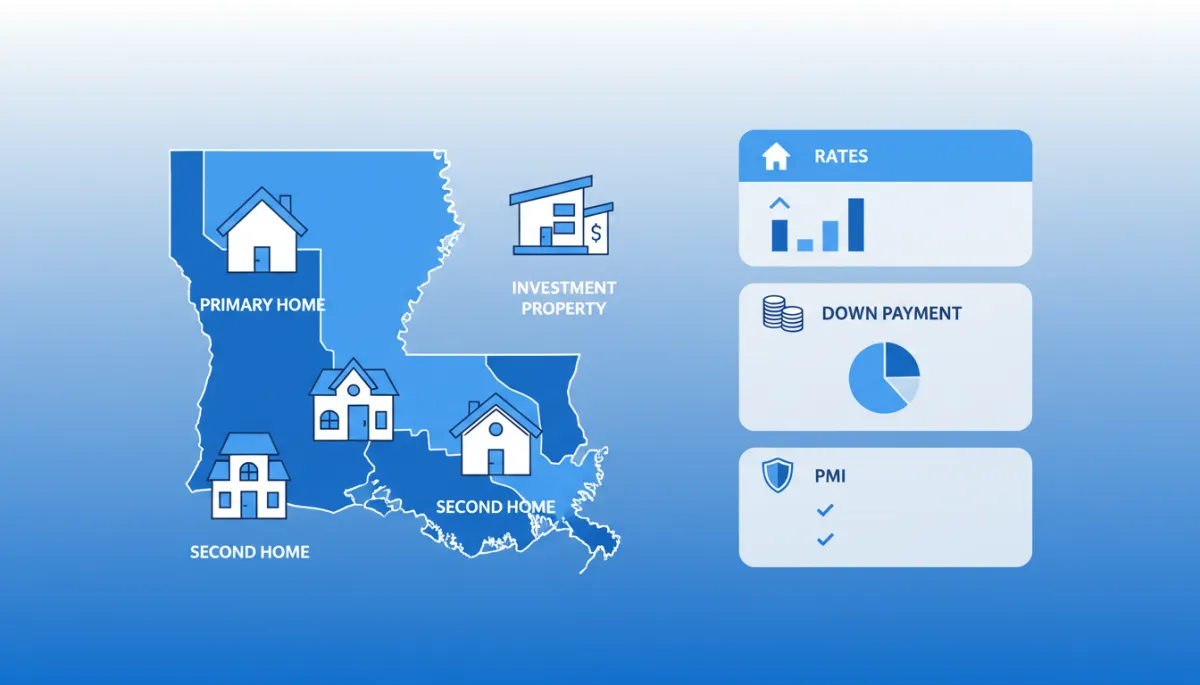 clean blue and white (#188bf6, #1855D5, #F7F9FF) flat infographic showing Louisiana map, house icons labeled primary home, second home, investment property, and a comparison panel for rates, down payment, and PMI