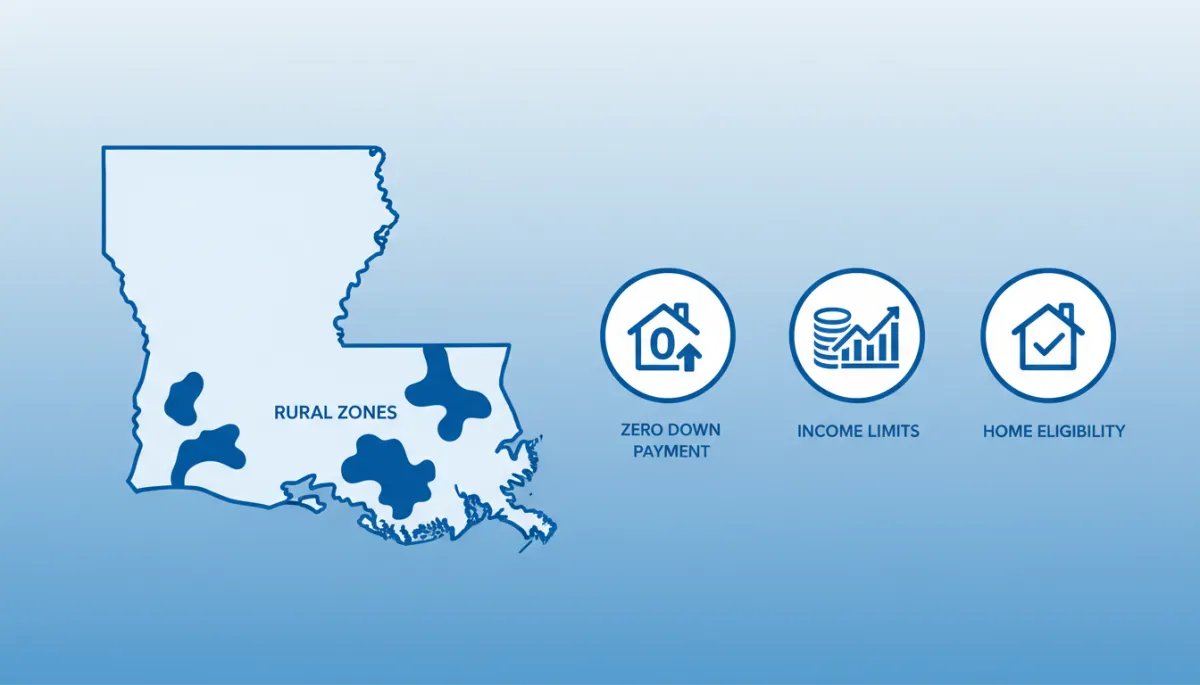 clean flat infographic in blue and white (#188bf6, #1855D5, #F7F9FF) showing Louisiana map with highlighted rural zones around Acadiana, icons for zero down payment, income limits, and home eligibility, modern infographic style