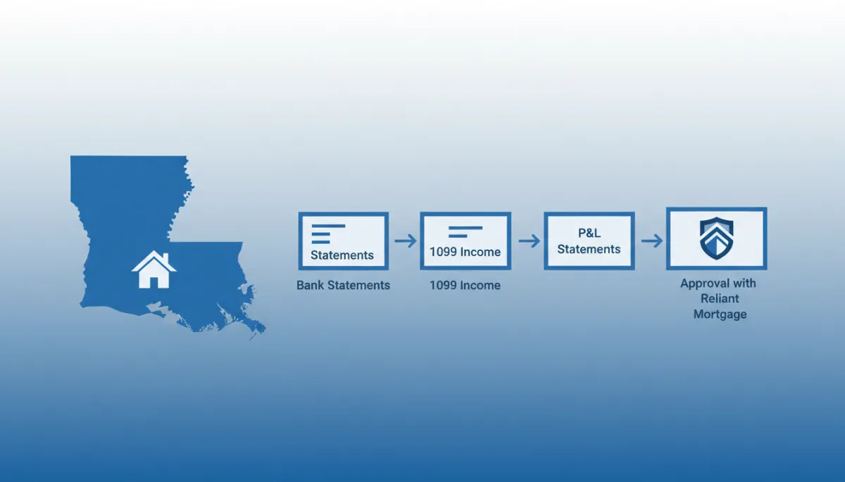 clean flat infographic in blue and white (#188bf6, #1855D5, #F7F9FF) showing a Louisiana outline, a small house icon, and flowchart steps labeled Bank Statements, 1099 Income, P&amp;L Statements, Approval with Reliant Mortgage logo-style badge